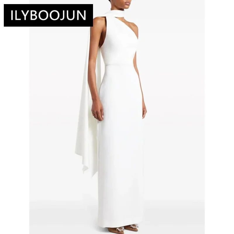 

ILYBOOJUN Women's Fashion Evening Dress Diagonal Collar Ribbon Backless Split Halter Waist Elegant Dresses Spring 2024 New