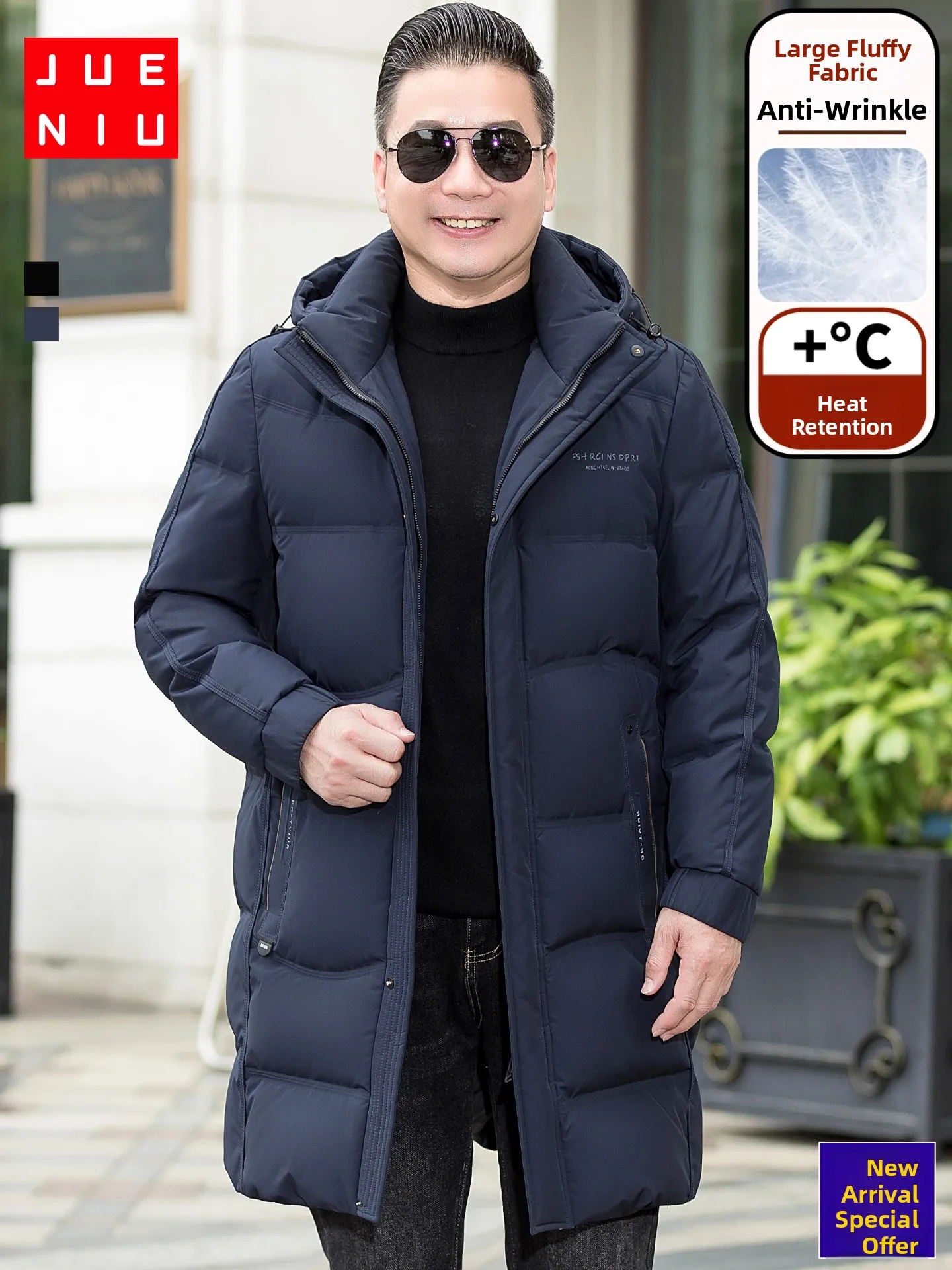 

Men's Winter down Jaet Mid-Length Thi Warm Detachable Hood Banquet Anti-Cold Outerwear Busin Sle Polyester Fiber