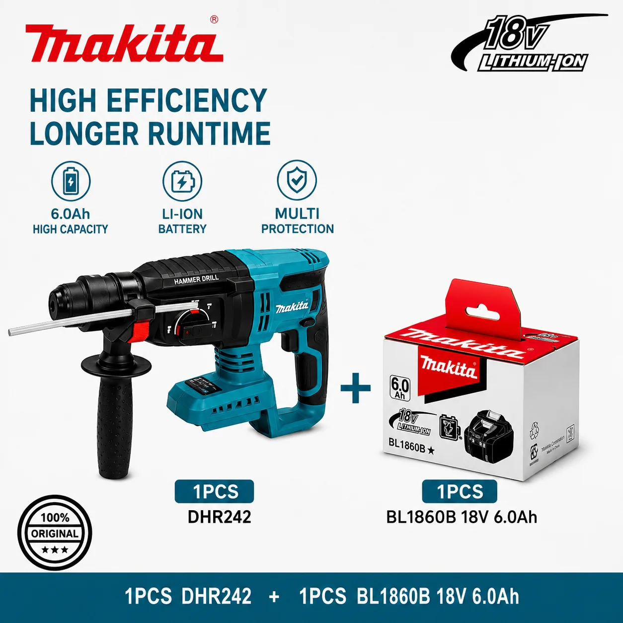 Für Makita DHR242 18V Kabelloser Bürstenloser Bohrhammer SDS Plus Hochleistungs-Betonbohrwerkzeug