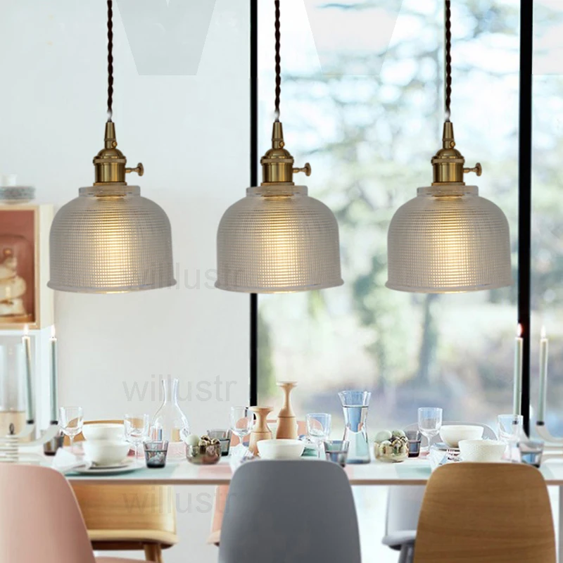 Latticed Glass Copper Pendant Lamp Vintage Suspension Light Dining Room Home Hotel Restaurant Hanging Ceiling Chandelier