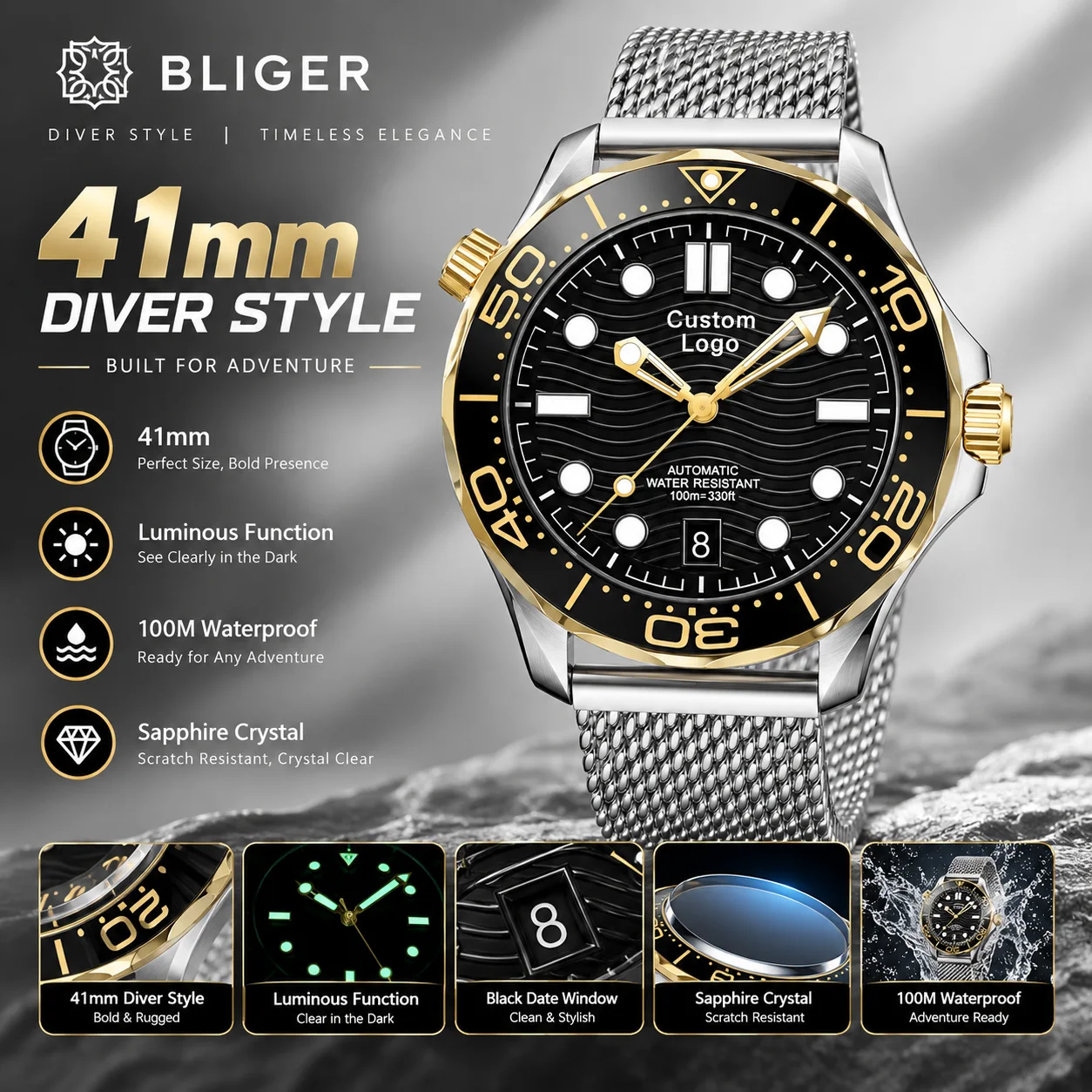 BLIGER Customizale Logo 41mm Two Tone Gold BL007 Sapphire NH35 Diver Watch 6 O'clock Date Luminous Ocean Wave Dial Mesh Strap