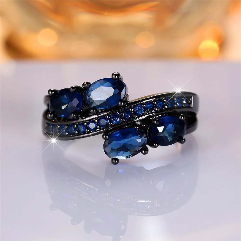 العصرية لطيف الإناث الأزرق البيضاوي الزركون حجر خاتم خمر موضة الذهب الأسود اللون مجوهرات الزفاف للنساء #3