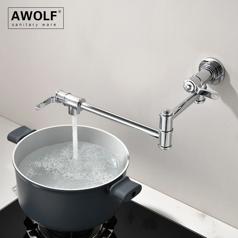 Kitchen Folding Faucet Solid Brass Pot Filler Brushed Grey Wall Mounted Brushed Gold Nickel 360 Degree Rotation Tap Chrome FW015