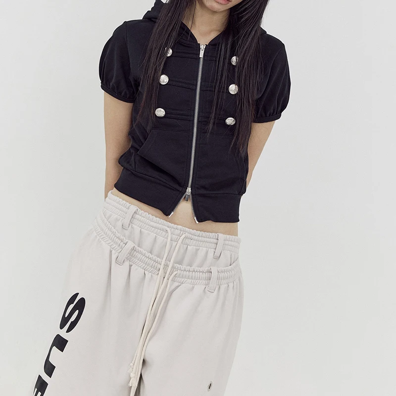 European and American New Solid Color Short Hood Cardigan Sweet Cool Double Breasted Puff Sleeve Hot Girl Top Y2k Style