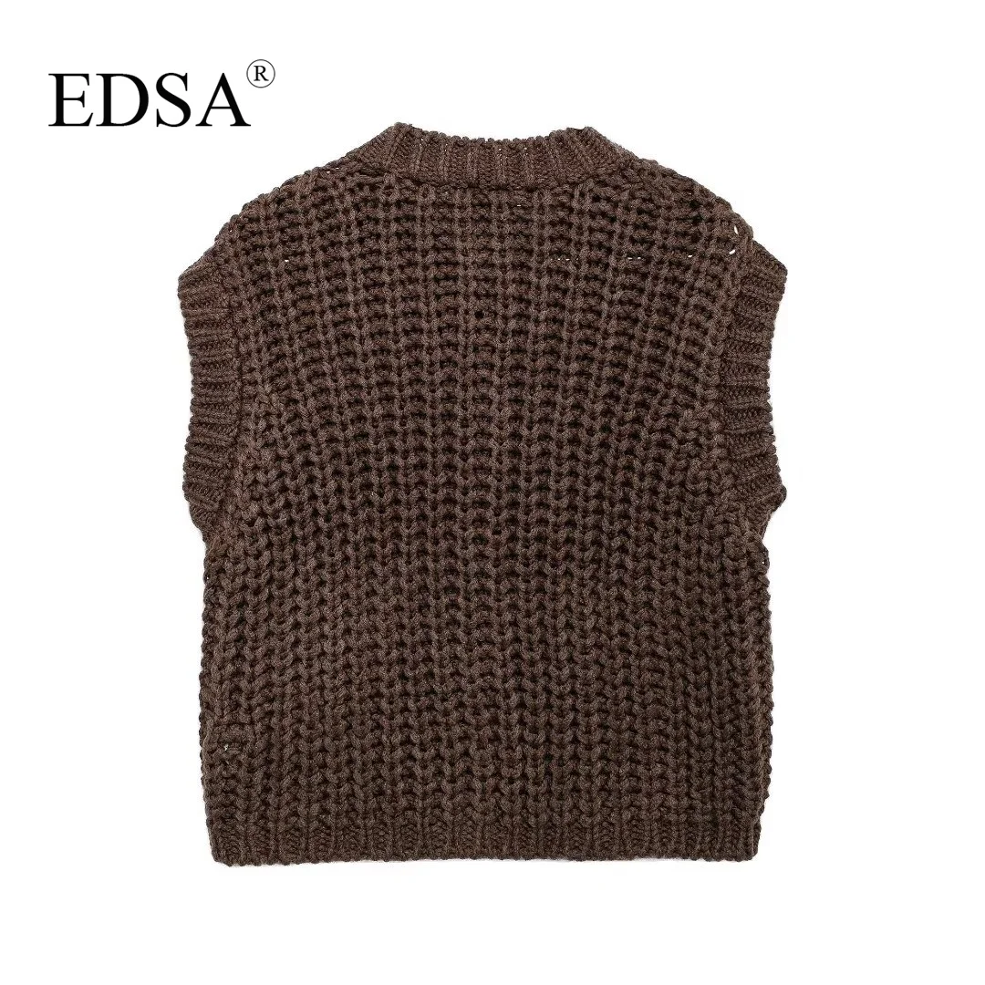 EDSA Women Chunky Knit Cardigan Waistcoat Autumn Cropped Sweater Vest Single Breasted with Golden Buttons Tank Outerwear