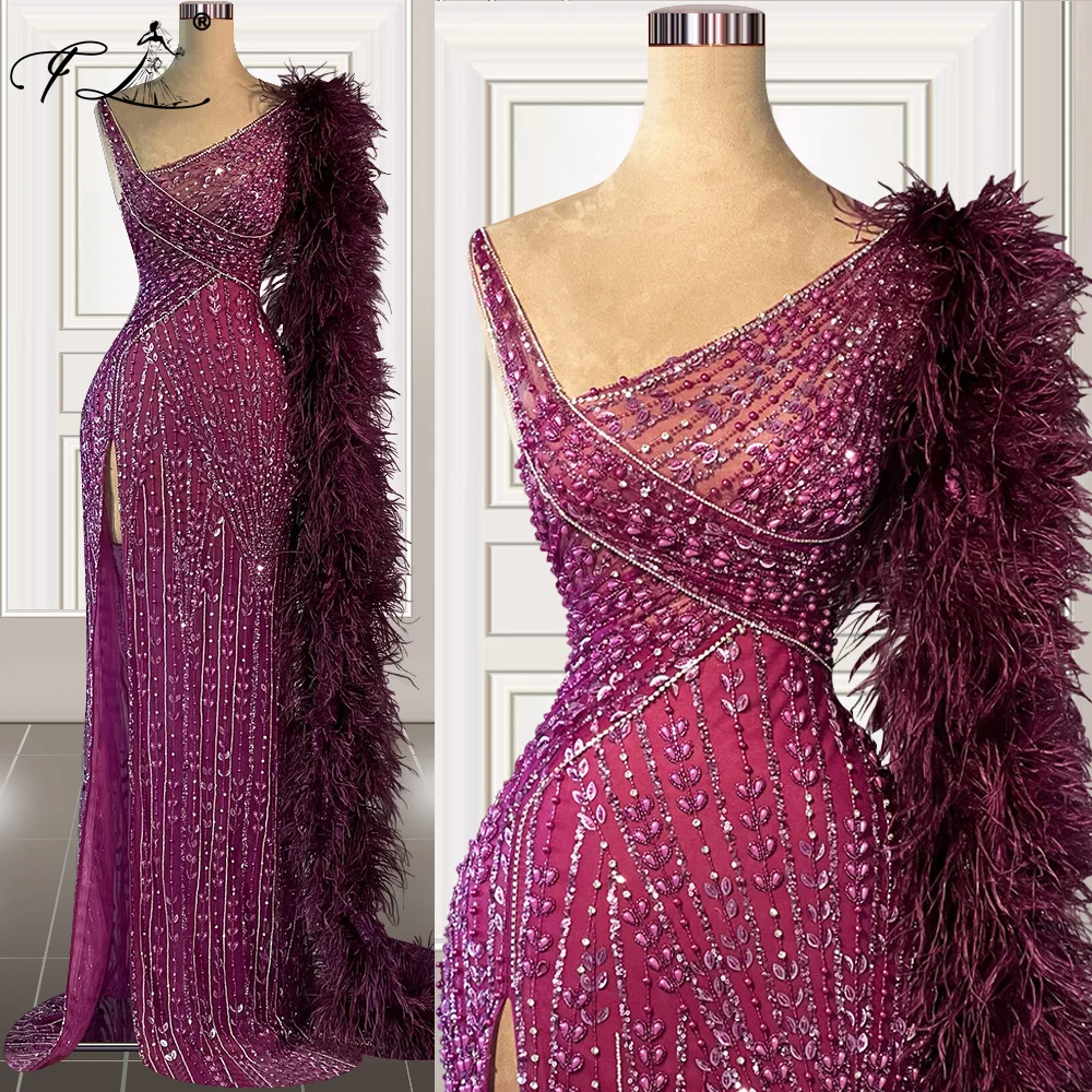 Purple Dubai Mermaid Evening Dresses 2025 Beaded Prom Gowns with Feather High Split Wedding Party Dress Customized