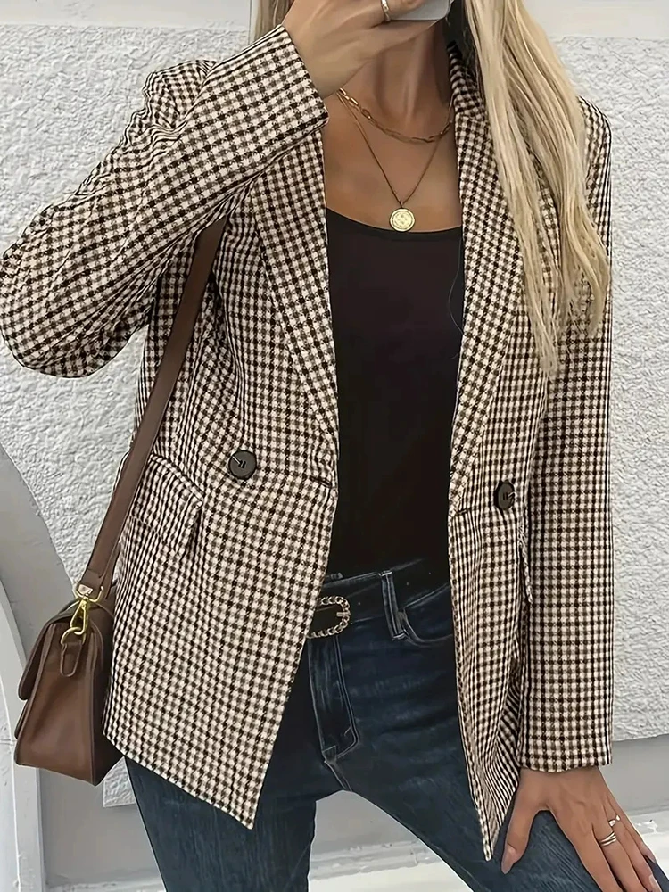 

Women Plaid Elegant Blazers Vintage Long Sleeve Simple Office Lady Button Suit Coats Spring Autumn Slim Fit Aesthetic Jacket New