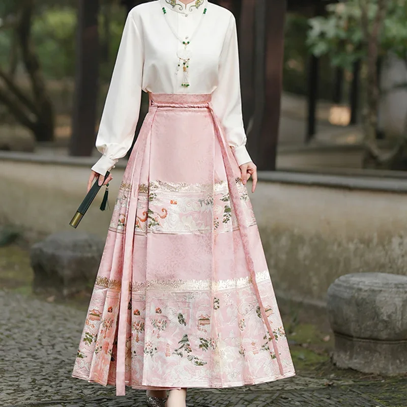 

Pink Horse Face Skirt,Horse Face Skirt Hanfu Skirt Chinese Style Costume Mamianqun Ming Dress Ancient Traditional Daily Wear