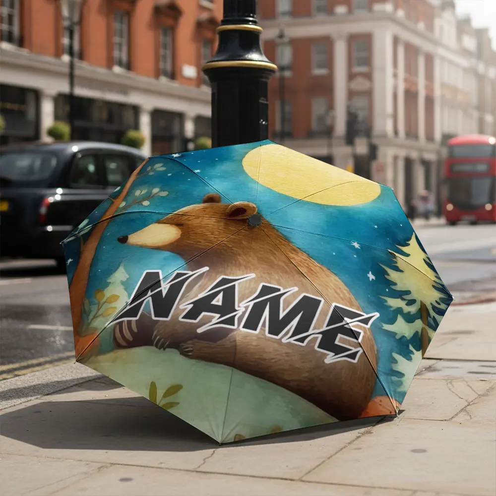Custom Name Umbrella Watercolor Brown Bear Under Full Moon Starry Forest Print Folding Travel Parasol Woodland Animal Art Gift