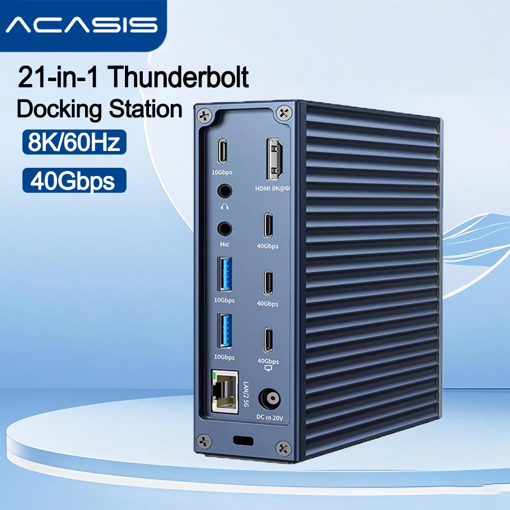 

Док-станция Acasis Thunderbolt 4 21 в 1, максимальный выход 90 Вт, 8K, 60 Гц, RJ45, 40 Гбит/с, концентратор USB-C для редактирования видео и профессиональной рабочей станции