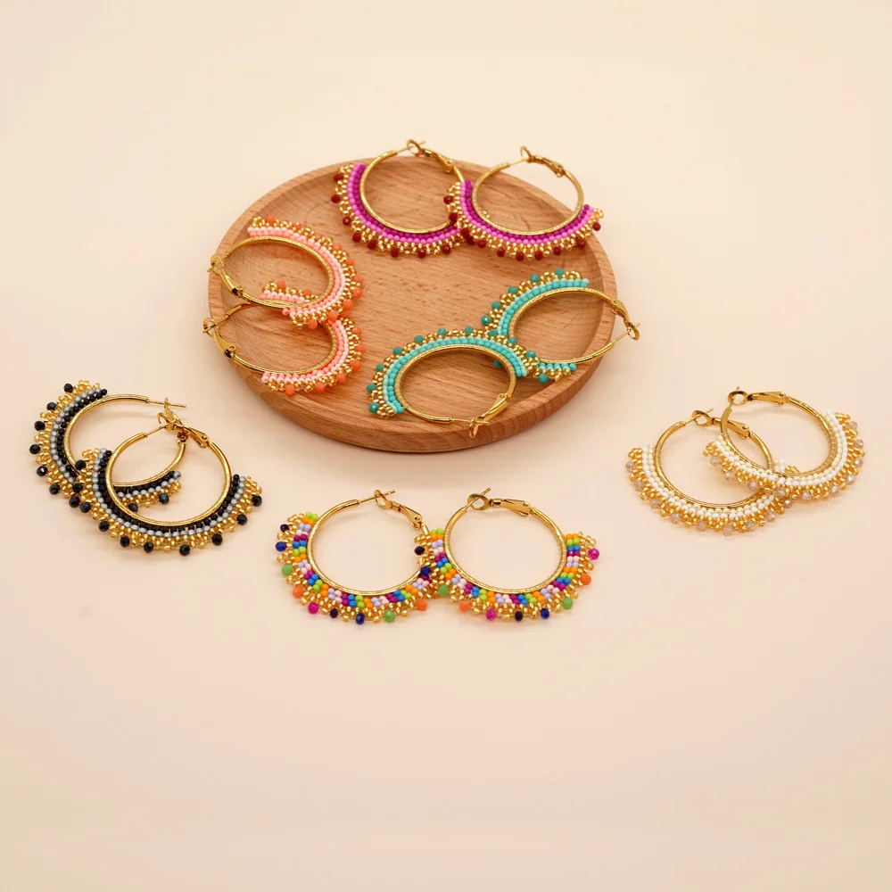 

Серьги из бисера Круг Богемия Градиент цвета Кристалл Ручная работа Мода Креатив Простые женские серьги из рисовых бусин из сплава