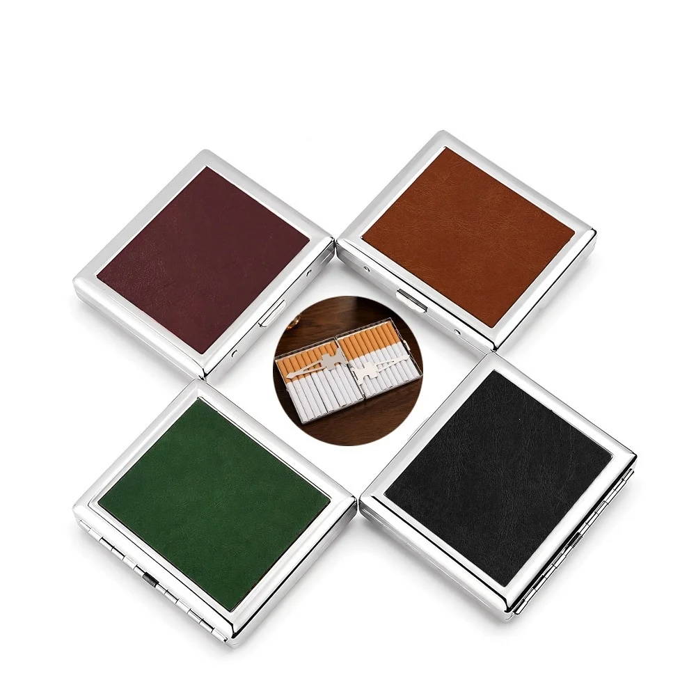 Leather Texture Metal Cigarette Case 20 Cigarette Holder Moistureproof Pressure Resistant Sealed Button Tobacco Storage Box