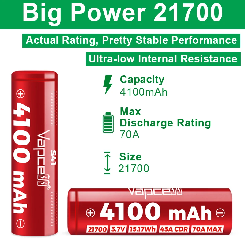 

Original Vapcell INR21700 S41 4100mAh 45A Max 70A battery High Performance Lithium Cells for flashlights Power Tool