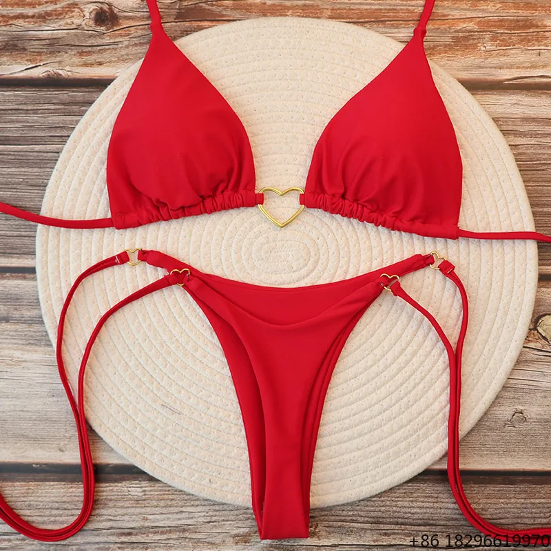 Women's Sexy Brazilian Bikini Set Halter Triangle Top Thong Bottom Two-Piece Swimsuit Heart Bathing Suit Summer Beach Swimwear
