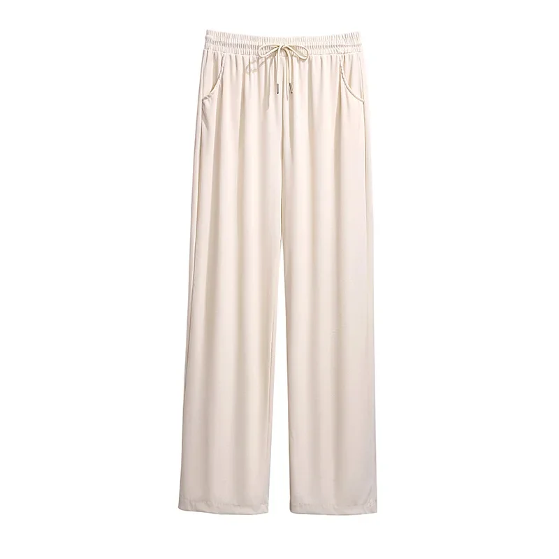 100/175kg Big Size Women Clothing Wide Legs Pants Show Thin Summer High Waist Straight Tube Pants Loose Ice Silk Cropped Pants