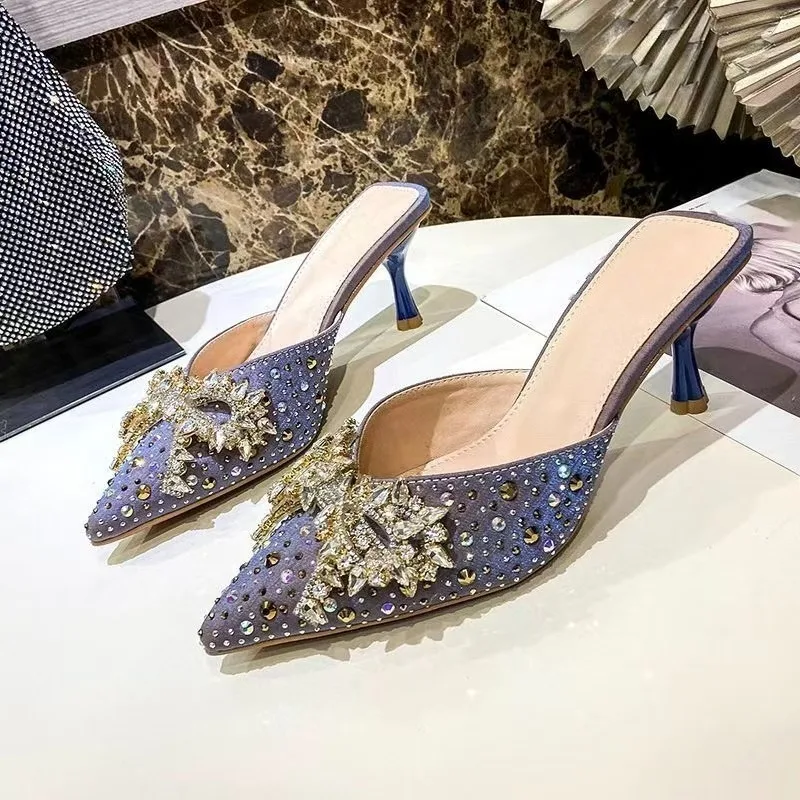 

Роскошные женские тапочки на высоком каблуке со стразами, лето 202, сексуальные дизайнерские сандалии с открытым носком и бантом, элегантное вечернее платье, женские шлепанцы