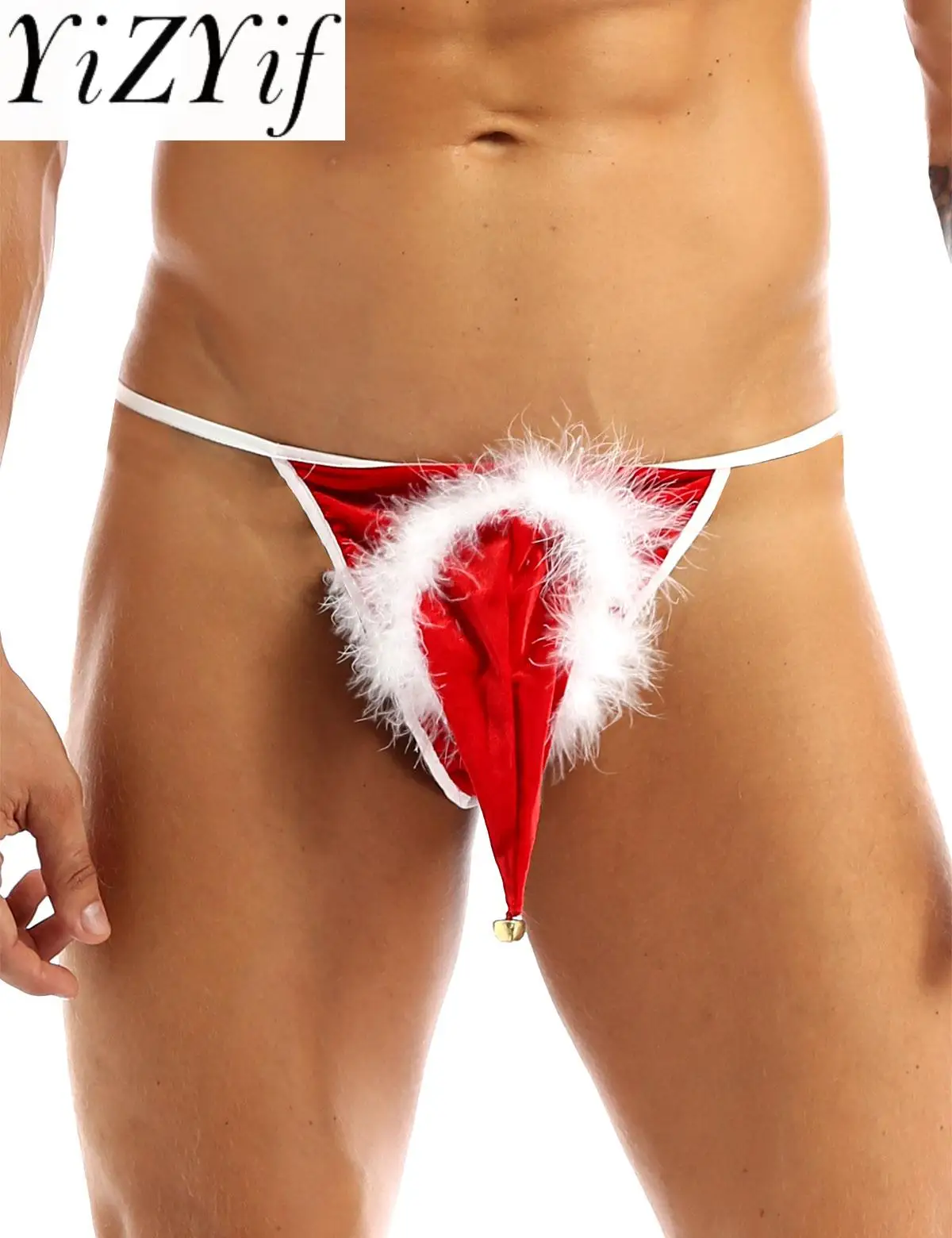 #M-XXL Red Mens Lingerie Velvet Santa Hat Christmas Holiday Fancy Cosplay G-string Thong Underwear with Small Bell