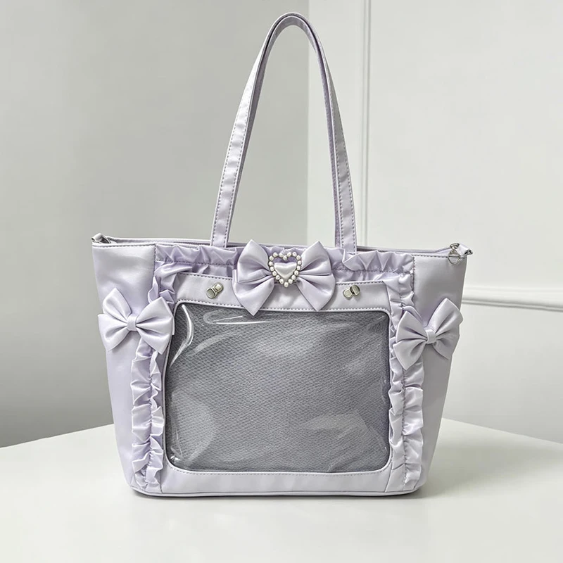 Ita-Tasche mit Klarsichtfenster für Abzeichen, Pins und Puppen, Japanische Süße Niedliche Satin-Schleife mit Spitzenbesatz, Große Kapazität Handtasche – Detail 11