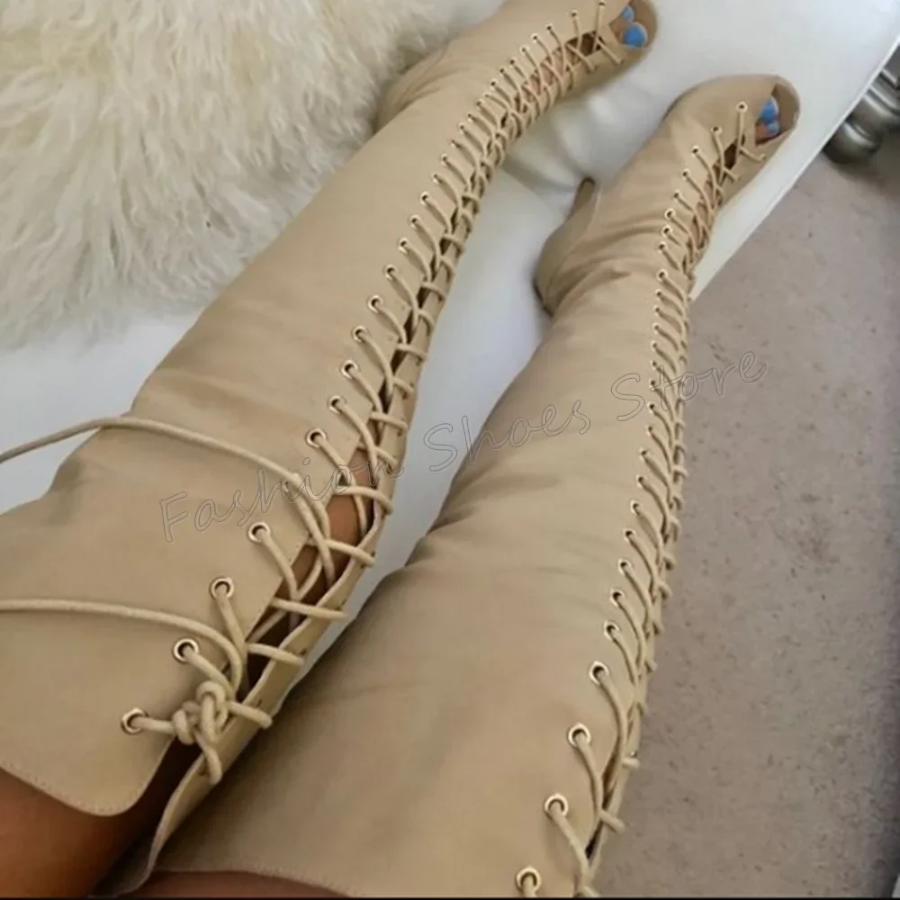 

Apricot Lace up Peep Toe Boots Stilettos High Heels High Heel Shoes for Women Fashion Sexy Heels 2025 New Zapatos Para Mujere