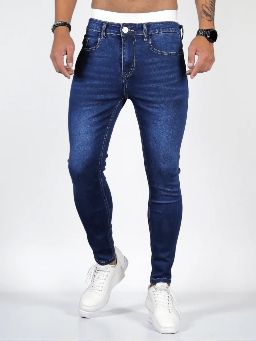

Мужские эластичные джинсы узкого кроя — элегантный повседневный стиль, синий переходный стиль, подходит для всех сезонов