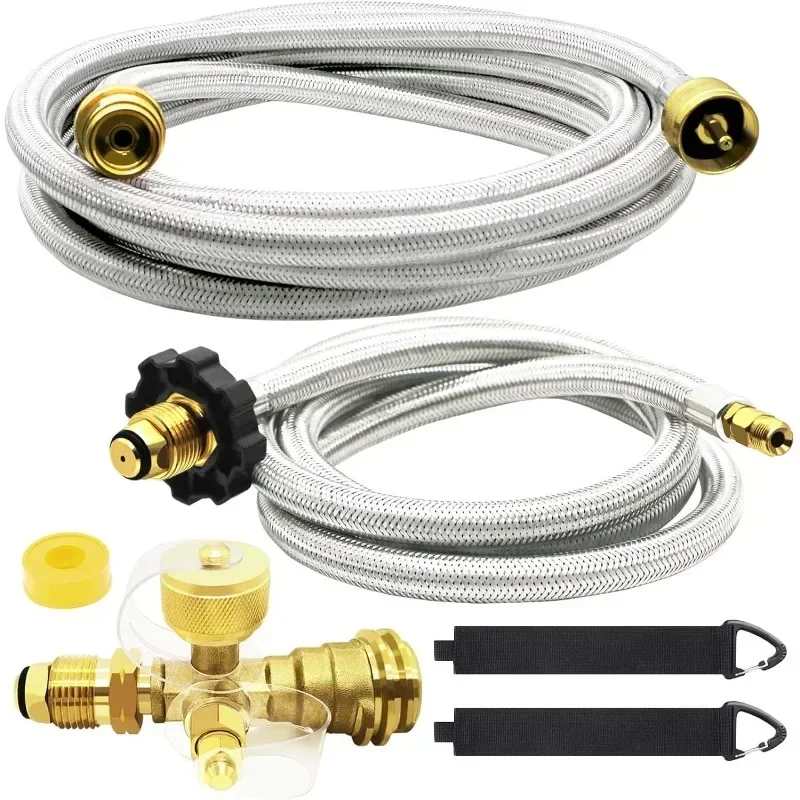 

Home.Port Tee Kit Propane Brass Tee Adapter Kit 5FT and 12FT Stainless Braided Hoses Allow for Connection Between