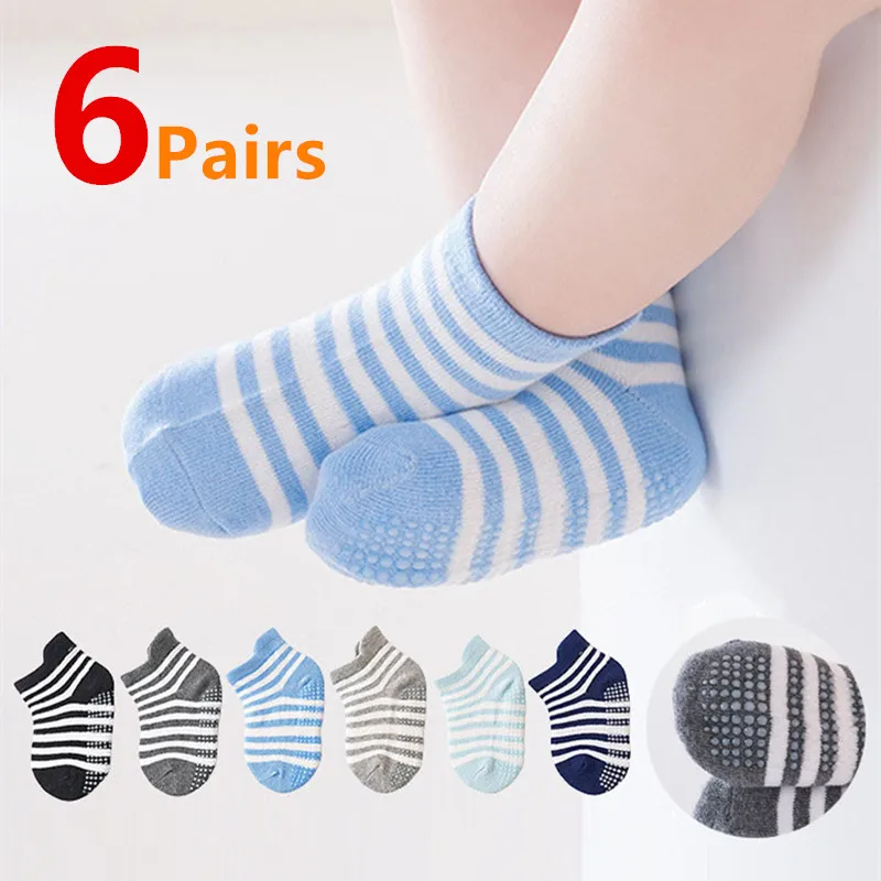 6Pairs/Lot Spring Autumn Baby Boys Socks Toddler Anti-slip Children Solid Stripe Floor Sock Indoor Floor Socken For 0-5Years