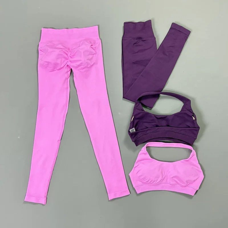 2Pcs Gym Leggings Set Seamless Women Halter Neck Yoga Bra and Sexy High Waist Scrunch Butt Legging Sports Fitness Workout Suit
