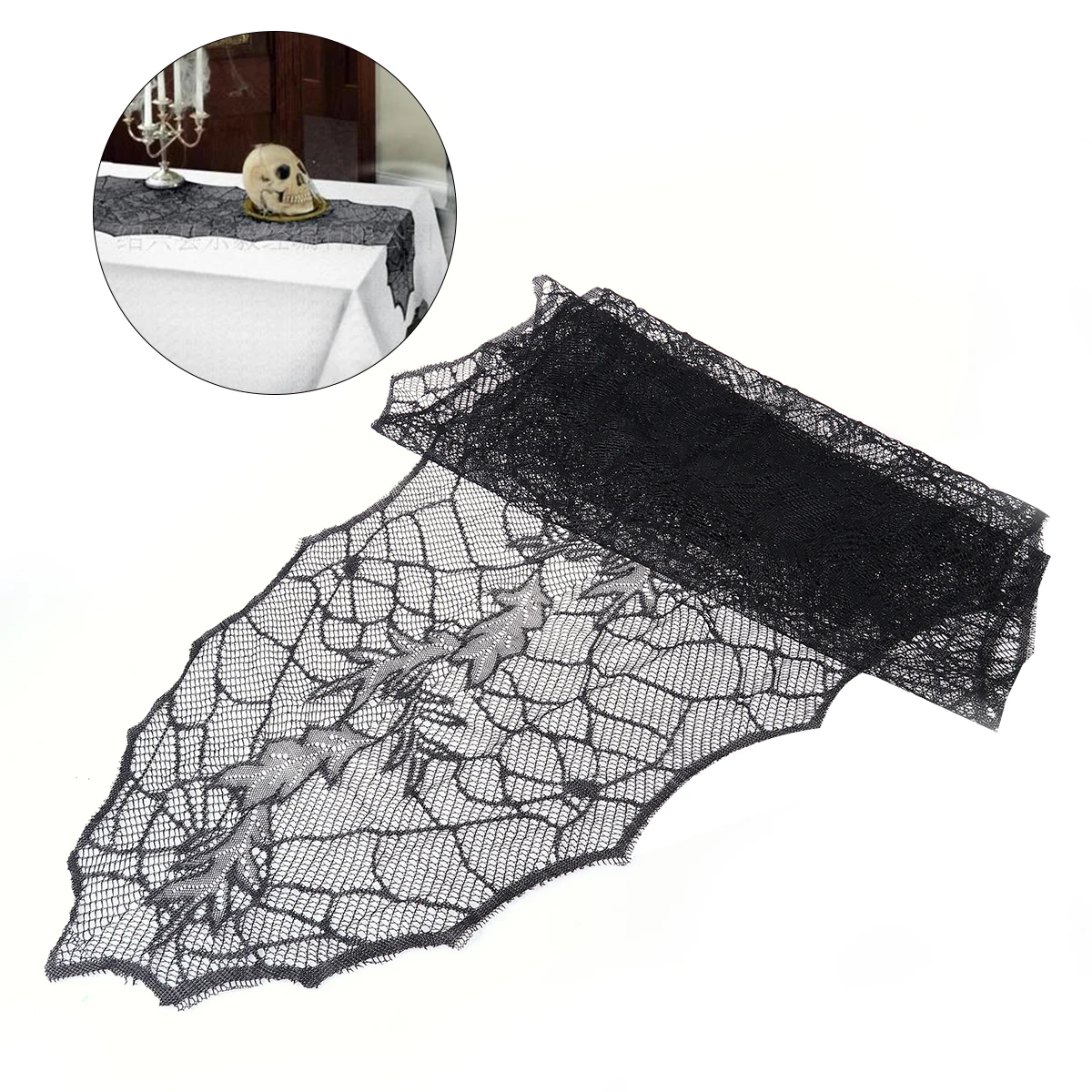 

Reusable 188cm X 55cm Halloween Table Cloth Black Classic Leaf Web Knitted Design for Spooky Atmosphere Halloween Table Cover