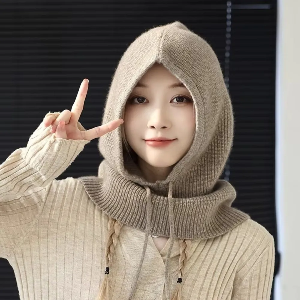 Thick Winter Knitted Hooded Caps Windproof Elastic Balaclava Hat Drawstring Adjustable Warm Insulation One-piece Neck Collar