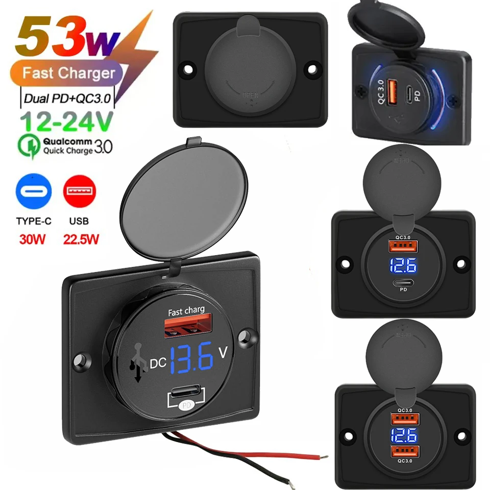 12V/24V PD QC3.0 Dual USB Ladegerät Steckdose Adapter Lade Panel Halterung für Motorrad Auto Boot ATV UTV Camper Caravans