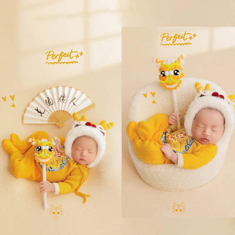 Baby Photography Props Costume Accessories Yellow Chinese Dragon Theme Jumpsuit Hat Dragon Doll Props Studio Photoshoot Outfits