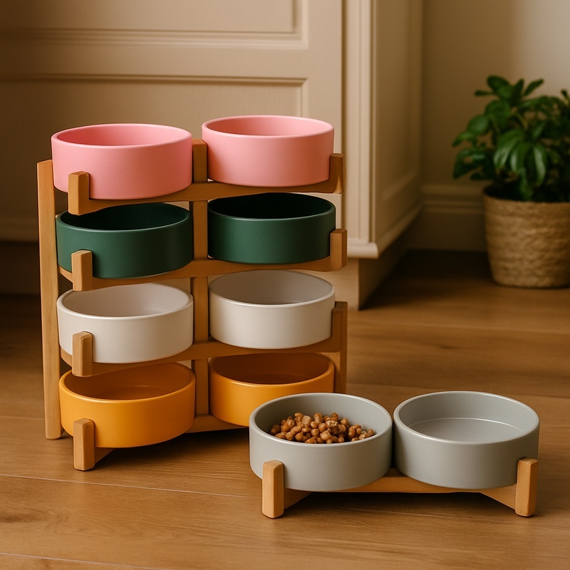  Wooden Stand Elevated Dual Ceramic Bowls for Small Pets 