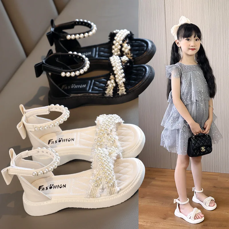 2023 Sommer mode Perlen Fliege Schuhe für Kinder Mädchen Prinzessin Schuhe weiche Wohnungen Strand Kinder kleid Sandalen beige schwarz