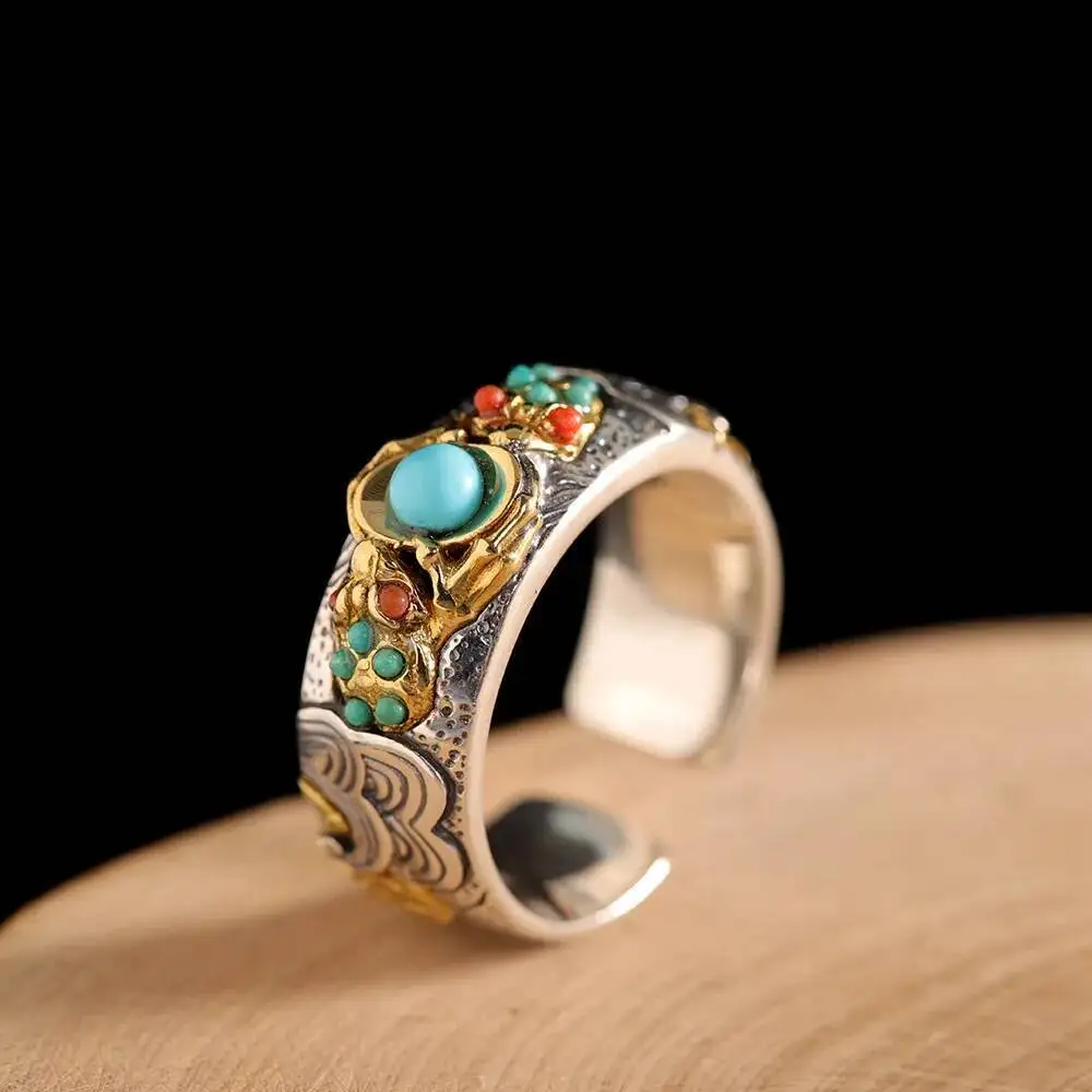 

Винтажные открытые кольца из стерлингового серебра 925 пробы с бирюзой для мужчин и женщин, влюбленных, высококачественное персонализированное модное регулируемое кольцо в стиле ретро, подарок