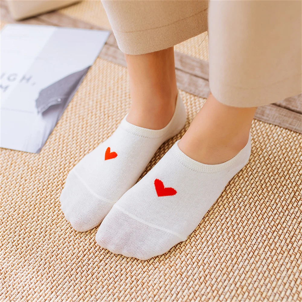 New Women\'s Summer Red Love Heart Breathable Soft Cotton Short Socks Unisex No-Slip Invisible Sokken Dropship