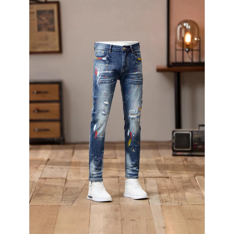 Splash ink paint print design retro blue jeans men's ripped hole 2025 new American slim fit small leg pants