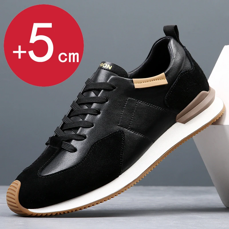 Sneakers Men Elevator Shoes Men's Genuine Leather Casual Taller Shoes Man Hidden Heels 5cm Heighten Inner High rise Lift Shoes