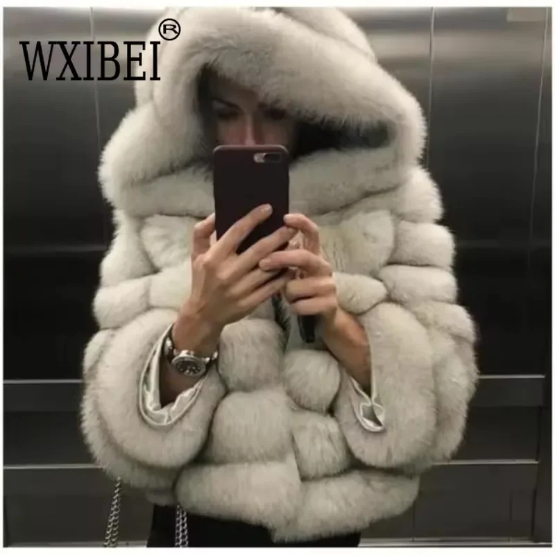 Luxury Faux Fox Fur Coat Women Short Winter Jacket with Big Fur Hood Thick Warm Overcoat 2024 New Fashion Flurry Fake Fur Coats