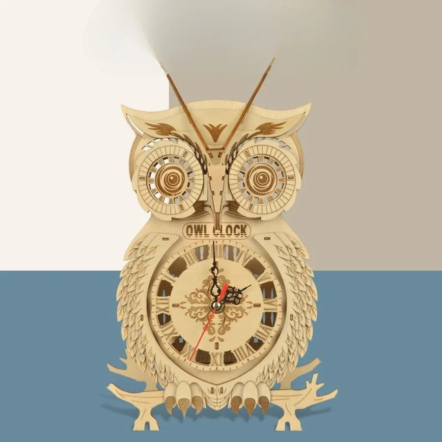 3D Wooden Puzzle Owl Clock Ornaments Model Handmade DIY Assembly Toy Building Block Kits Assembly Toy Gift for Teens Adult