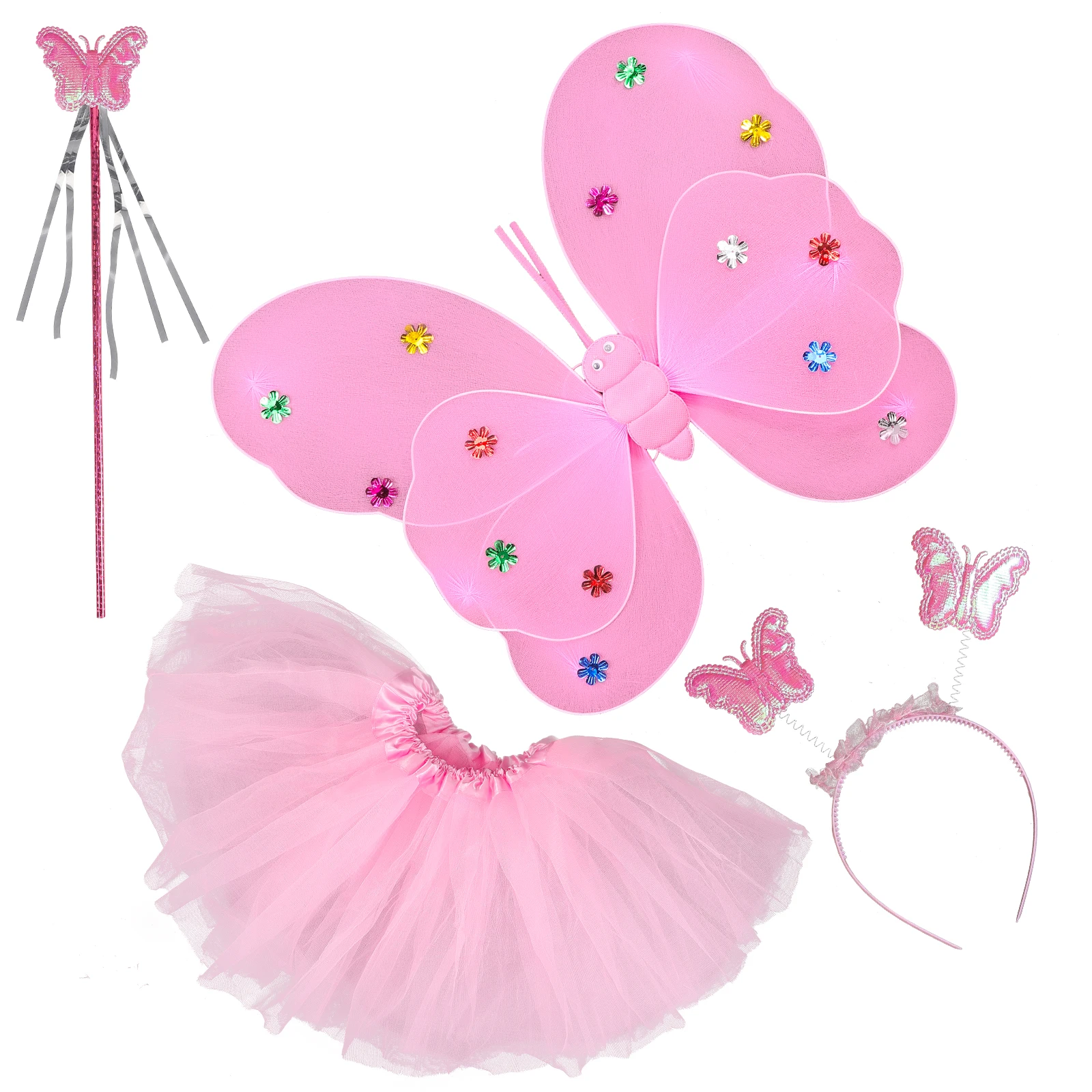 

1 set Butterfly Wings Costume Set Pink Fairy Tutu Skirt Headband Wand Girl Dress Up Party Stage Performance Photo Prop