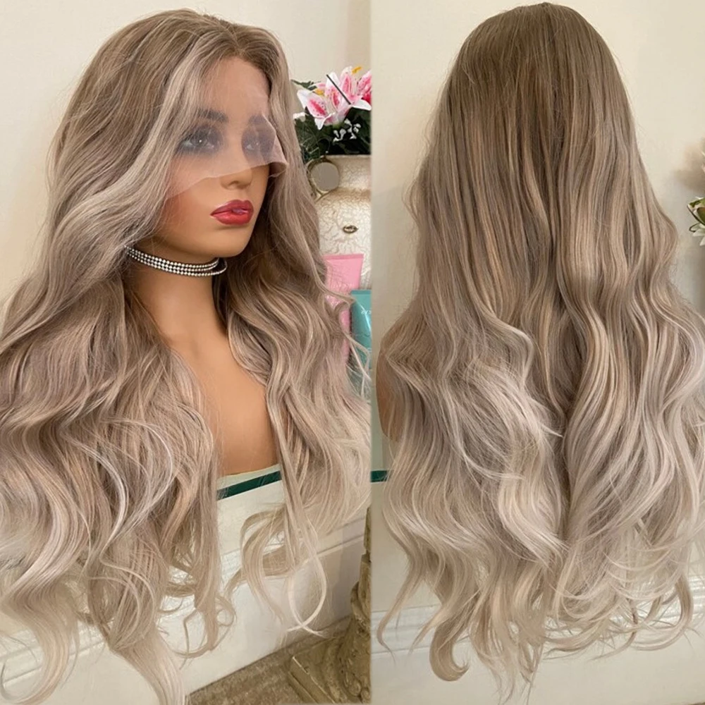 

30-дюймовый крутой пепельно-тонированный блондин Ombré Длинный парик Балаяж Синтетический термостойкий парик фронта шнурка Реалистичный волнистый женский парик Wear & Go