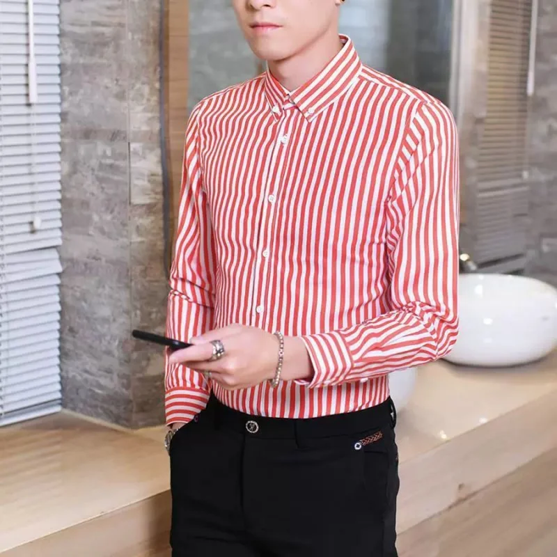 قميص رجالي مخطط بأكمام طويلة، بدون كي، مريح ومسامي، ملابس ربيعية جديدة، قميص عمل كاجوال فاخر للرجال.