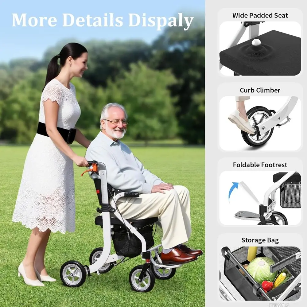 رولیتر قابل للطي 2 في 1 مع مقعد لكبار السن، كرسي نقل خفيف الوزن لجميع التضاريس، ارتفاع قابل للتعديل، أبيض