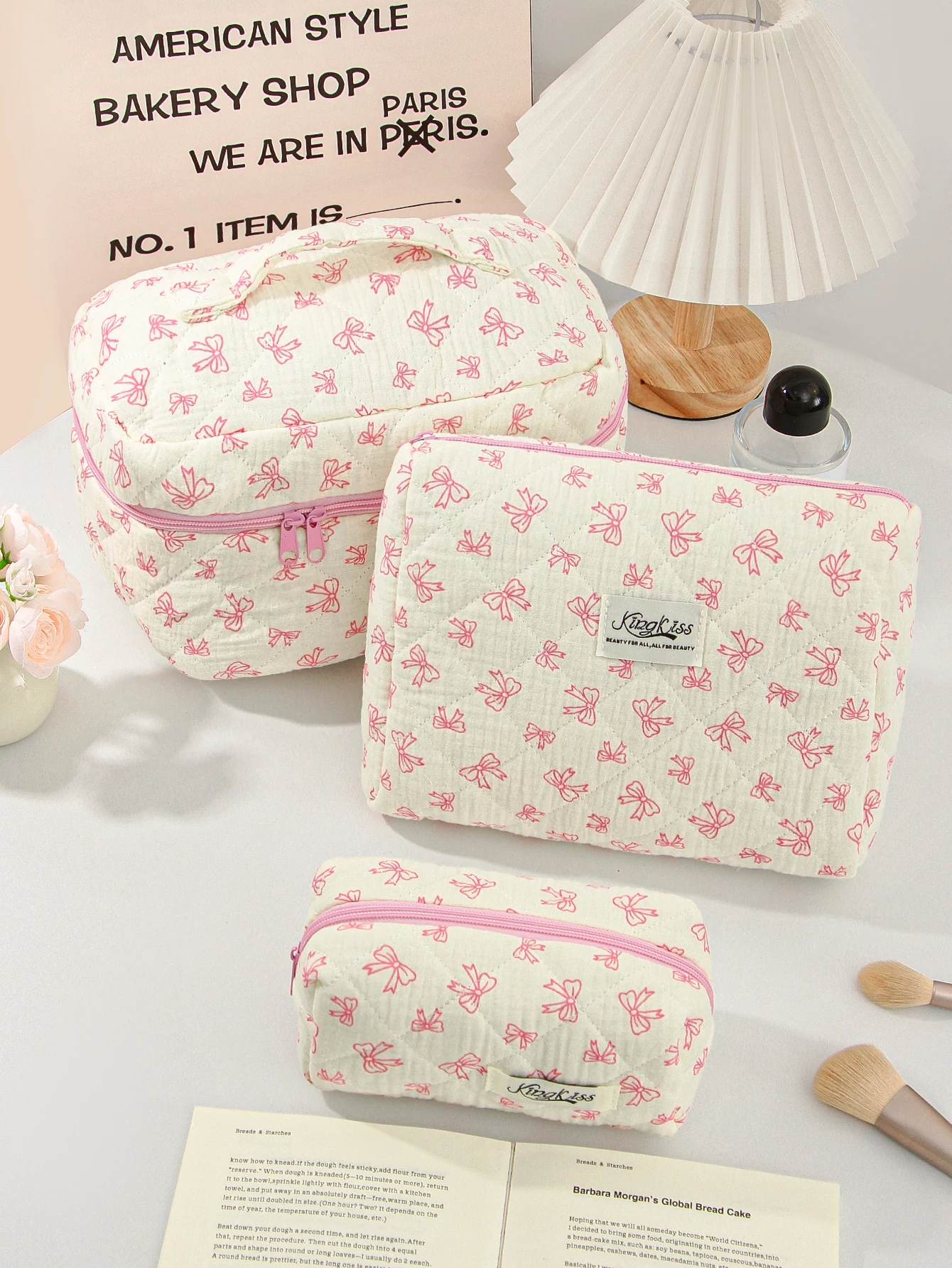 1pc/set cute bow quilted makeup bag, fashionable portable makeup bag, travel storage makeup bag, festival essential makeup bag