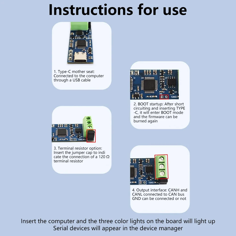 USB To CAN Module 5V Bus Protocol Analysis USB to CAN Converter Module for Industrial Use Version V2.0 Type-C Connector PCB