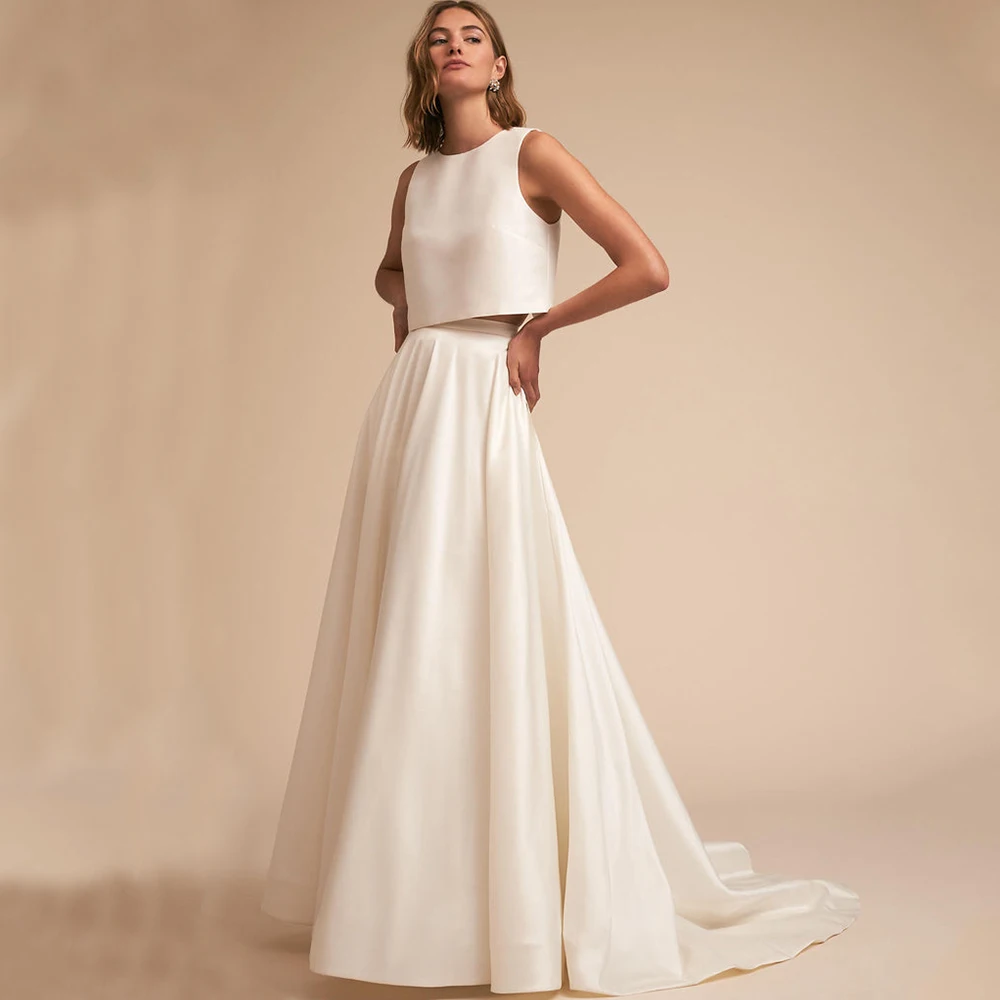 Charming Two Piece Wedding Dress O-Neck Sleeveless Upper Body A-Line Floor Length with Sweep Train Bridal Satin Custom Gowns