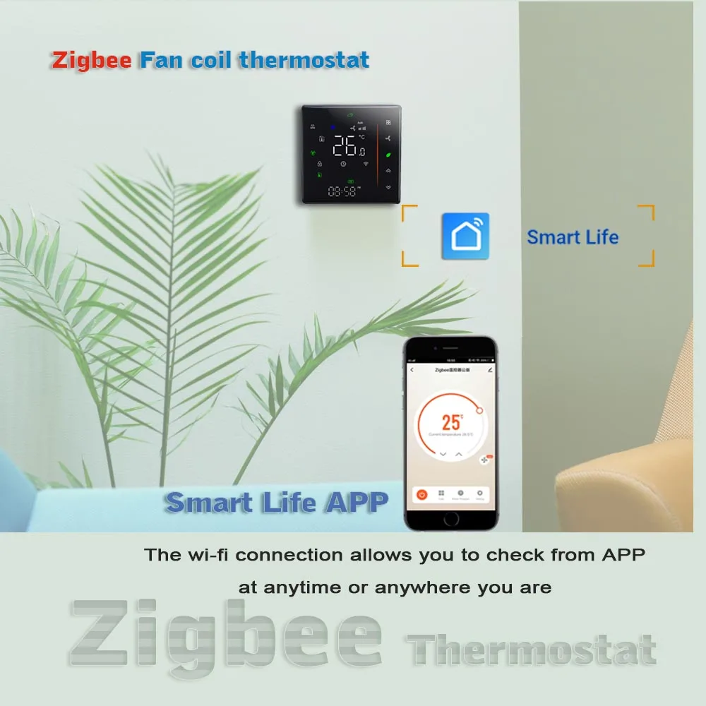 24V 110V 220V Zigbee thermostat tuya wifi 2pipe 4pipe fan coil thermostat control NC/NO valve  3 speeds fan