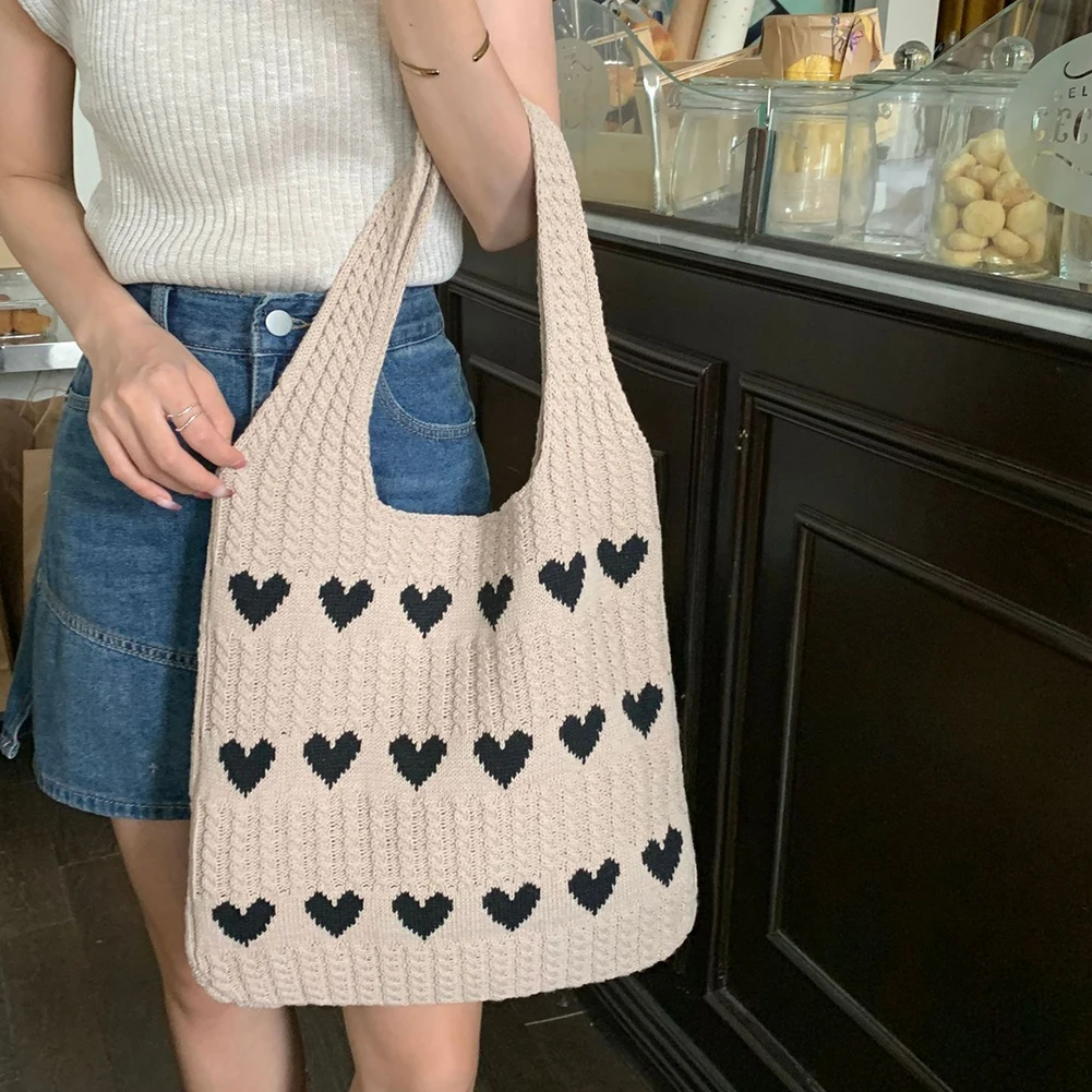 Ladies Knit Love Tote Handbag Winter Color Blocking Storage Bag Crochet Fashion Shoulder Bag Large Capacity Women's Underarm Bag