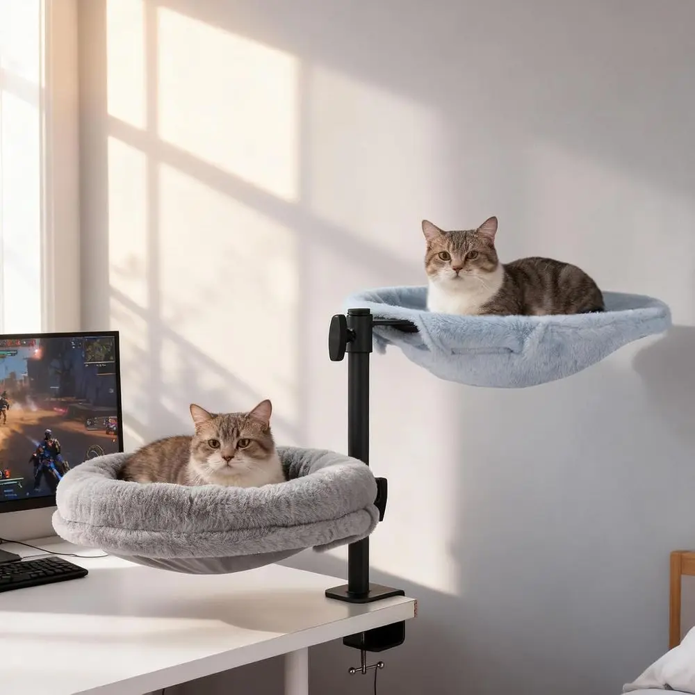 

2-in-1 Adjustable Rotating Cat Desk Bed with Hammock and Replaceable Mattress for Home Workers - Supports Up to 80lbs