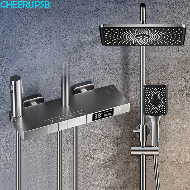 

Piano Button Shower Set Bathroom Hot Cold Thermostatic Mixer Shower System Bathtub Wall Mount SPA Rainfall LED Digital Faucets